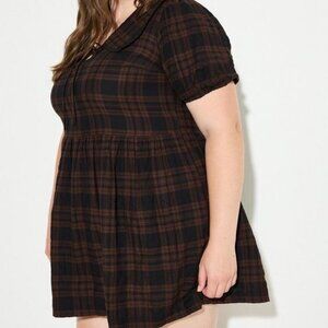 Torrid NWT LoveSick Mini Babydoll Everly Brown Black Plaid Oversized Dress 3X